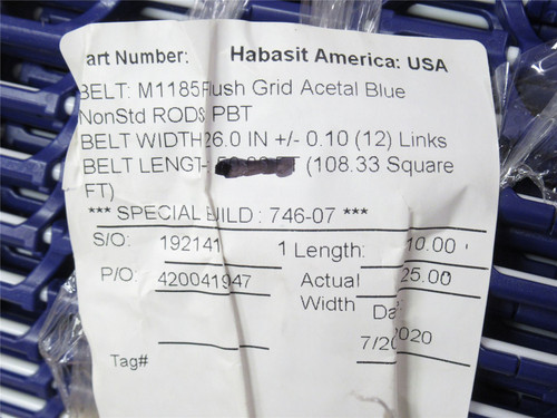 Habasit M1185; Flush Grid Blue Belt; 26" Wide x 10' Long