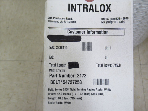 Intralox 54727253; Conveyor Belt S2400; 12" Wide; 19.6' Long