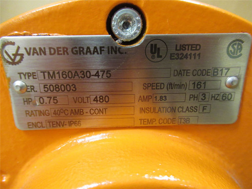 Van Der Graaf TM160A30-475; Drum Motor 26"W 480V 161 ft/min