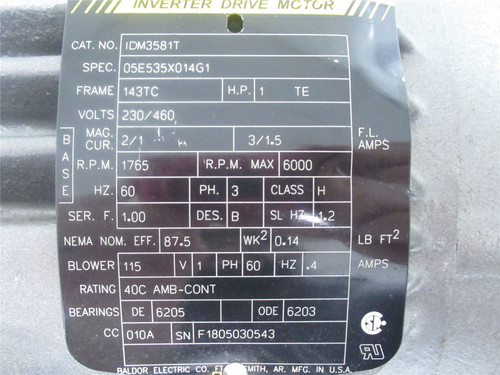 Baldor IDM3581T; AC Motor; 1HP ; 230/460V ; 1765-6000RPM ; 3PH