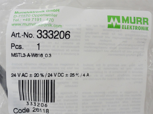 Murr 333206; Connector Assembly; MSTL3-A-W616_0.3