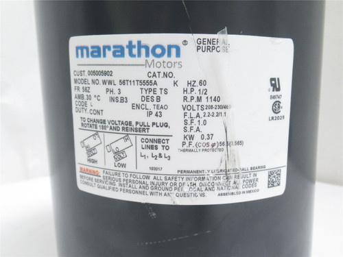 Marathon WWL56T11T5555A; Fan Motor 1/2HP; 208/460VAC; 1140RPM