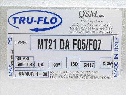 QSM MT21-DA-F05/F07; Double Acting Aluminum Actuator; 80PSI