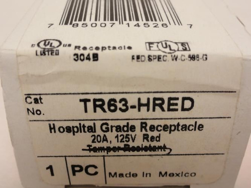 Legrand TR63-HRED; Hospital Grade Duplex Receptacle 20A; 125VAC