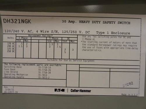 Eaton DH321NGK; Safety Switch; 30A; 3P; 3Hp@240VAC; 3PST