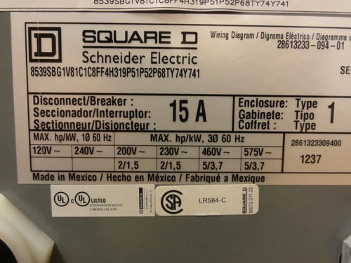 Square D 8539SBG1; Enclosed Starter 3-9A 3P 575VAC Coil: 120VAC