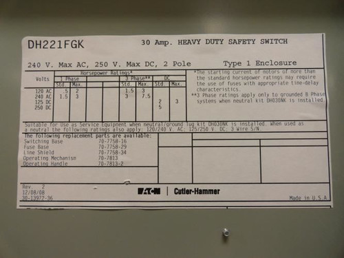 Eaton DH221FGK; Safety Switch; 30A; 2P; 240VAC/DC; NEMA: 1