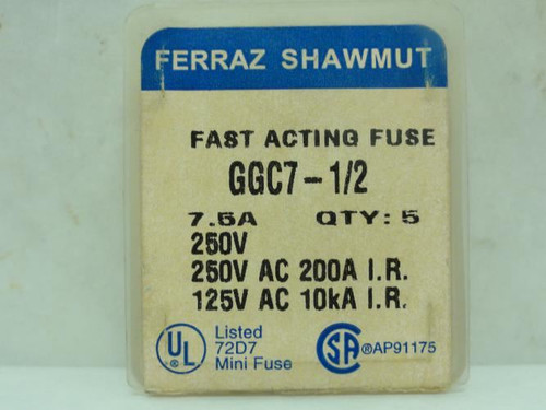 Ferraz GGC7-1/2; Box-5; Fast Acting Glass Fuse 7-1/2A; 250VAC