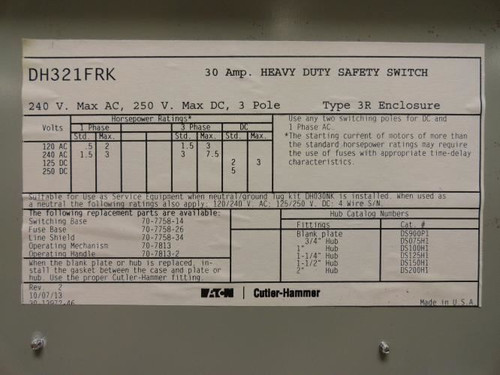 Eaton DH321FRK; Safety Switch; 30A; 3P; 240VAC/250VDC; NEMA 3R