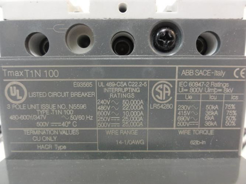 ABB T1N100TWS-25Amp; Tmax Circuit Breaker; 25A; 3P; 480VAC