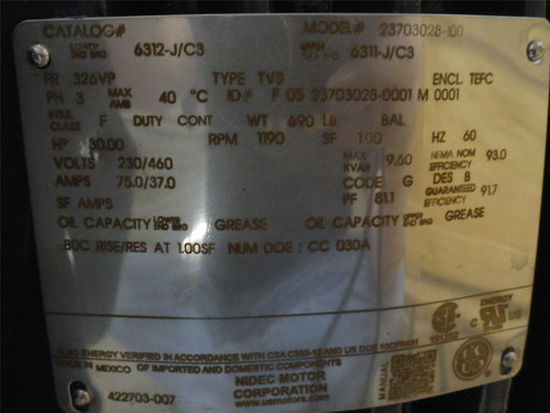 US Motors 25703028-100; Pump Motor 30HP 230/460V 1190RPM