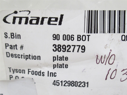 Marel 3892779; Unloading Station Plate; SS