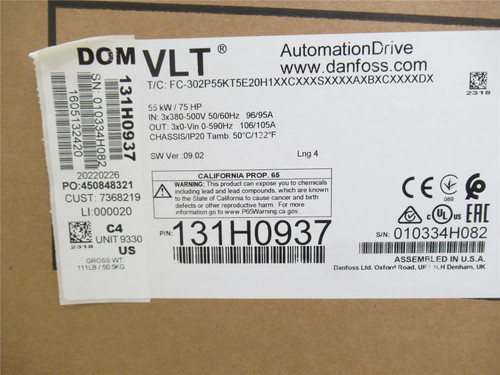 Danfoss 131H0937; AC Drive; 75HP; 380-500VAC In