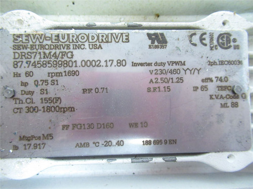SEW DRS71M4/FG; AC Motor; 3/4HP; 1690RPM 230/460VAC