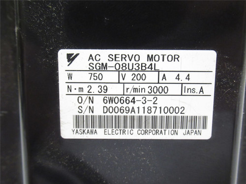 Yaskawa SGM-08U3B4L; Servo Motor; 200V; 750W; 4.4A; 3000Rpm
