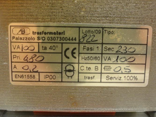 Palazzolo 307300444; Transformer; 100vA; 0.2A; 50/60Hz
