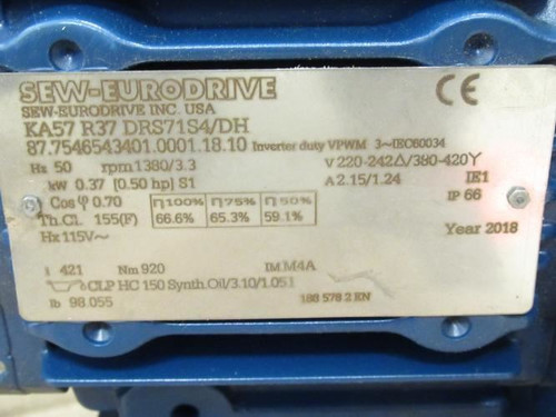 SEW KA57R37DRS71S4/DH; Gearmotor; 1/2Hp; Ratio 418