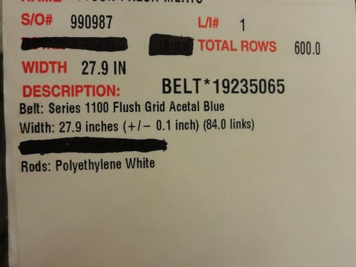 Intralox 990987-5ft; Conveyor Belt; Flush Grid; 27.9"W; 5ft L