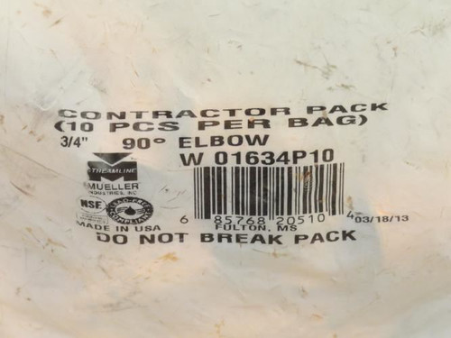 Mueller W01634P10; Bag-10; Wrot Copper Elbows 90Deg; 3/4" C x C