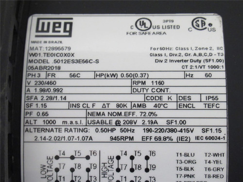 WEG 12895579; AC Motor; 1/2HP; 230/460V; 1160RPM; 3PH; 60Hz