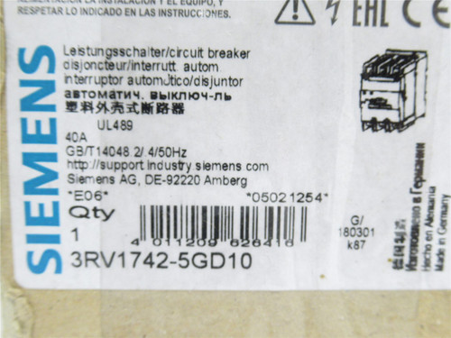 Siemens 3RV1742-5GD10; Manual Starter; 40A; 3P; 600V