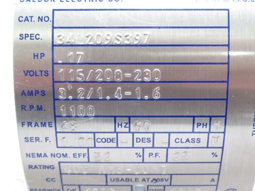 Baldor 34L209S397; AC Motor; 0.17HP; 115/208-230V; 1100RPM