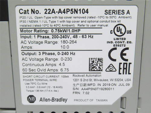 Allen-Bradley 22A-A4P5N104; AC Drive 240VAC1HP IN-1ph OUT-3ph
