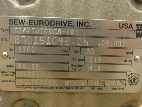 SEW KT47TDT80K4-I01; Gearmotor 3/4Hp; 29.32:1 Ratio; 460V