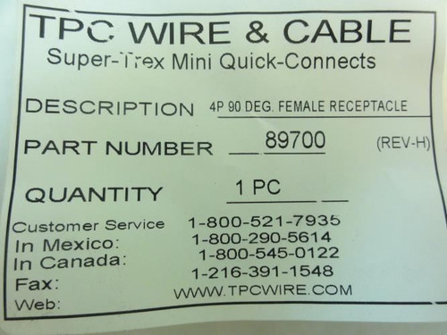 TPC Wire & Cable 89700; Female Receptacle; 4P; 90 DEG.