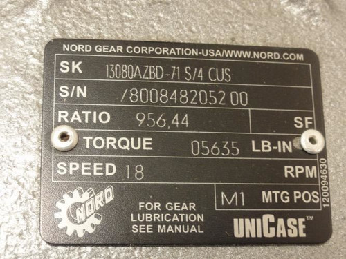Nord 13080AZBD-71 S/4 CUS; Gearmotor; 956.44:1 Ratio; 0.25kW