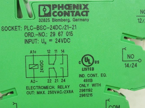 Phoenix PLC-BSC-24DC/21-21; Relay Socket 29-67-015; 24VDC