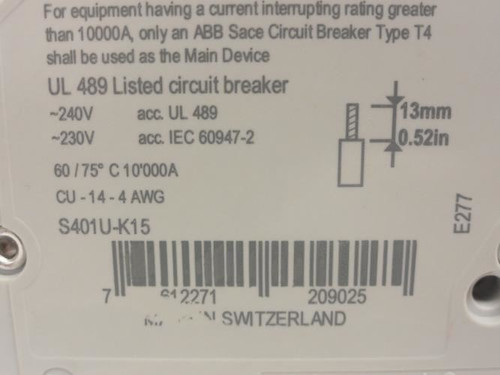 ABB S401U-K15; Mini-Circuit Breaker; 15A; 1P; 240/240V