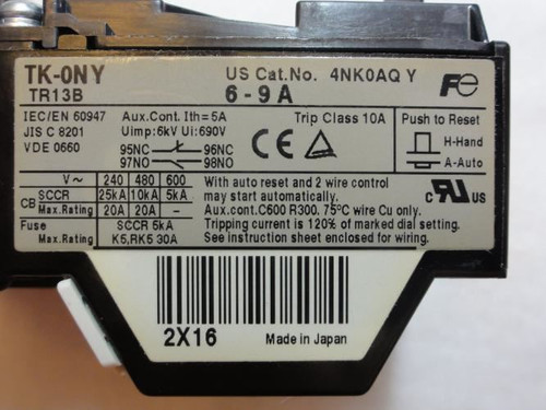 Fuji TK-0NY; Overload Relay; 6-9A; 5kW-25kW; 240-600V