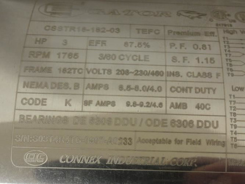 Connex CSSTR16-182-03; AC Motor SS; 3Hp; 208-230/460V; 1765Rpm