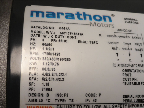Marathon 056T17F15674; AC Motor G548A 1.5Hp 230/460VAC 1725RPM
