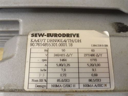 SEW KA47/TDRN90L4/TH/DH; AC Gearmotor; 1.5kW; 49:1 Ratio; 460V