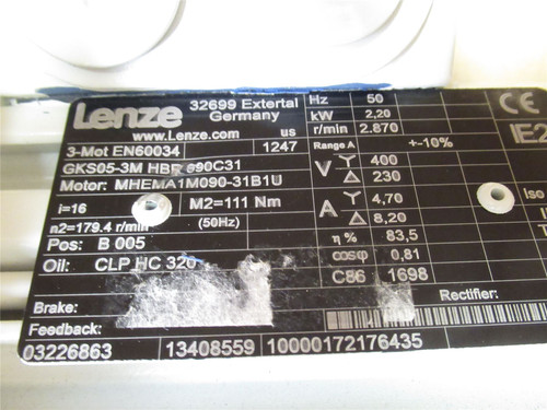 Lenze GKS05-3M-HBR-690C31; AC Gearmotor; 2.20KW; 230/400V; 3PH
