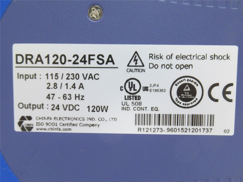 Chinfa DRA120-24FSA; Power Supply; 115/230VAC In; 24VDC Out