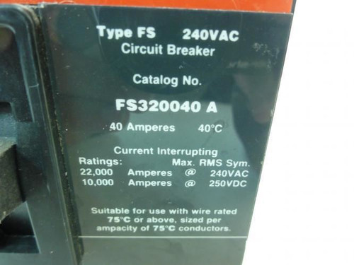 Cutler-Hammer FS320040A; Circuit Breaker; 40A; 240VAC; 3P