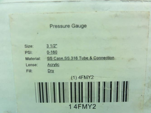 Industry-Std 4FMY2; Pressure Gauge; 0-160PSI; 3.5" Size