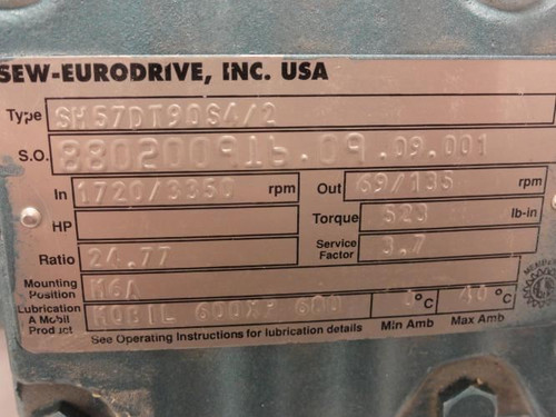 SEW SH57DT90S4/2; Gearmotor; 24.77 Ratio; 460V; 1720/3350Rpm