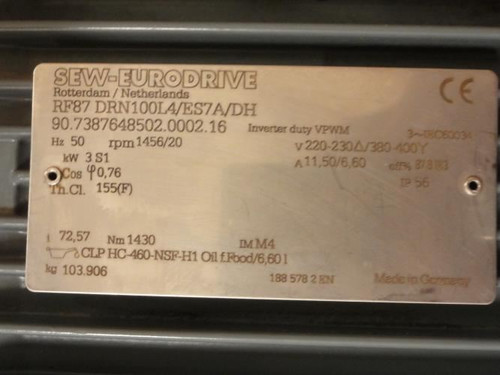 SEW-EuroDrive RF87DRN100L4/ES7A/DH; Gear Motor; 220/480V; 72:1