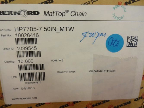 Rexnord HP7705 7 1/2MTW; Conveyor MatTop Chain 10ft x 7-1/2" W