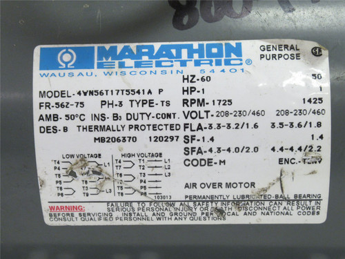Marathon 4WN56T17T5541A; Motor; 1HP; 1725RPM; 230/460V; 3Ph