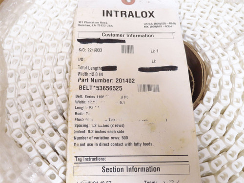 intralox 53656525; White Belt Ser: 1100 12"Wx24'L Part 201402