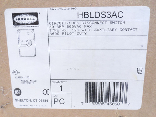Hubbell HBLDS3AC; Disconnect Switch; 30A; 3-Pole; 600VAC