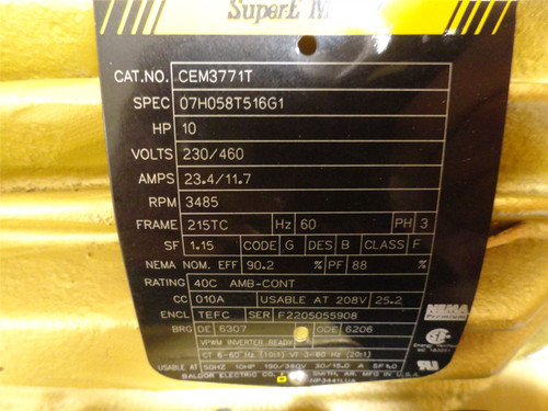 Baldor CEM3771T; AC Motor 10HP 230/460V 3485RPM 3PH