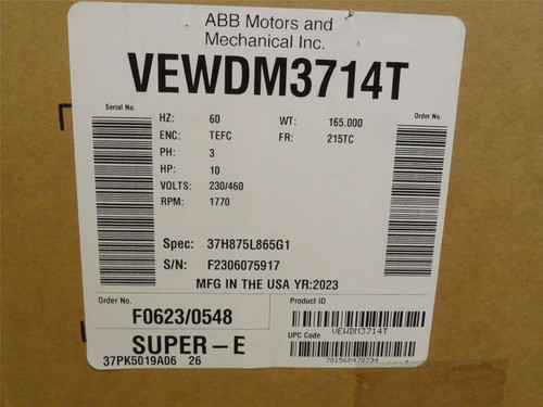 Baldor VEWDM3714T; AC Motor; 10HP; 230/460V; 1770RPM; 3Ph