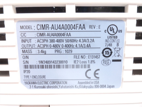 Yaskawa CIMR-AU4A0004FAA; AC Drive 2HP 480VAC 3PH