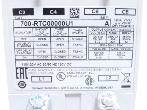 Allen-Bradley 700-RTC00000U1; Timing Relay; 120-600VAC